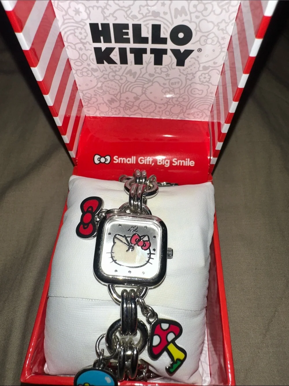 Hello Kitty Silver Charm Bracelet Watch with Red and Pink Accents
